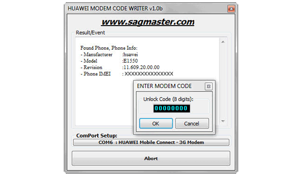«HUAWEI MODEM CODE WRITER 1.0b» \ «Unlock Modem» – вывод информации о модеме и ручной ввод NCK кода разблокировки