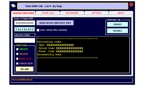 «Sola GSM Calc by Bojs 0.4» \ Вычисление кодов разблокировки