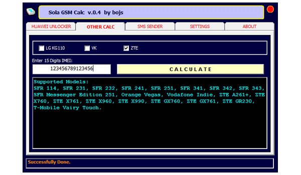«Sola GSM Calc by Bojs 0.4» \ Вычисление кодов разблокировки для LG KG110, VK и ZTE