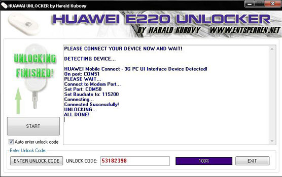 «HUAWEI E220 UNLOCKER 1.4» \ Разблокировка завершена