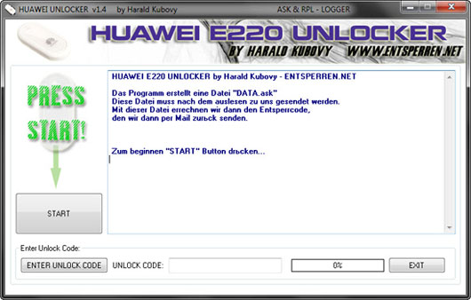 Главное окно программы «HUAWEI E220 UNLOCKER 1.4»