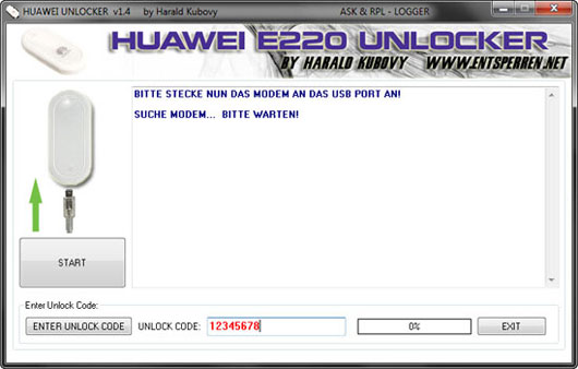 «HUAWEI E220 UNLOCKER 1.4» \ Ввод NCK кода разблокировки