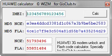 «Huawei Calculator @WIZM for GisClub.tv 1.0» \ Коды разблокировки модема для IMEI: 123456789123456
