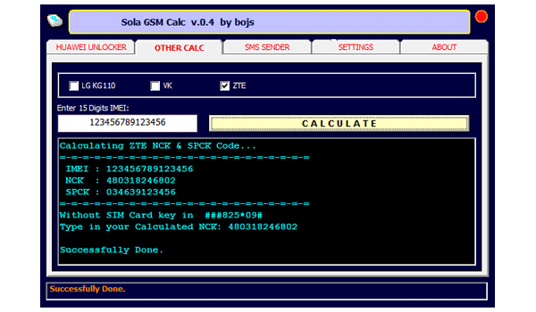 «Sola GSM Calc by Bojs 0.4» \ Вычисление кодов разблокировки ZTE для IMEI: 123456789123456