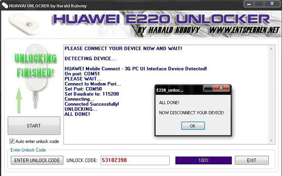 «HUAWEI E220 UNLOCKER 1.4» \ Генерация NCK кода разблокировки и его ввод
